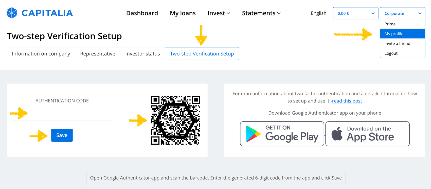 Two-step Verification Setup page with QR code, authentication code field and Save button