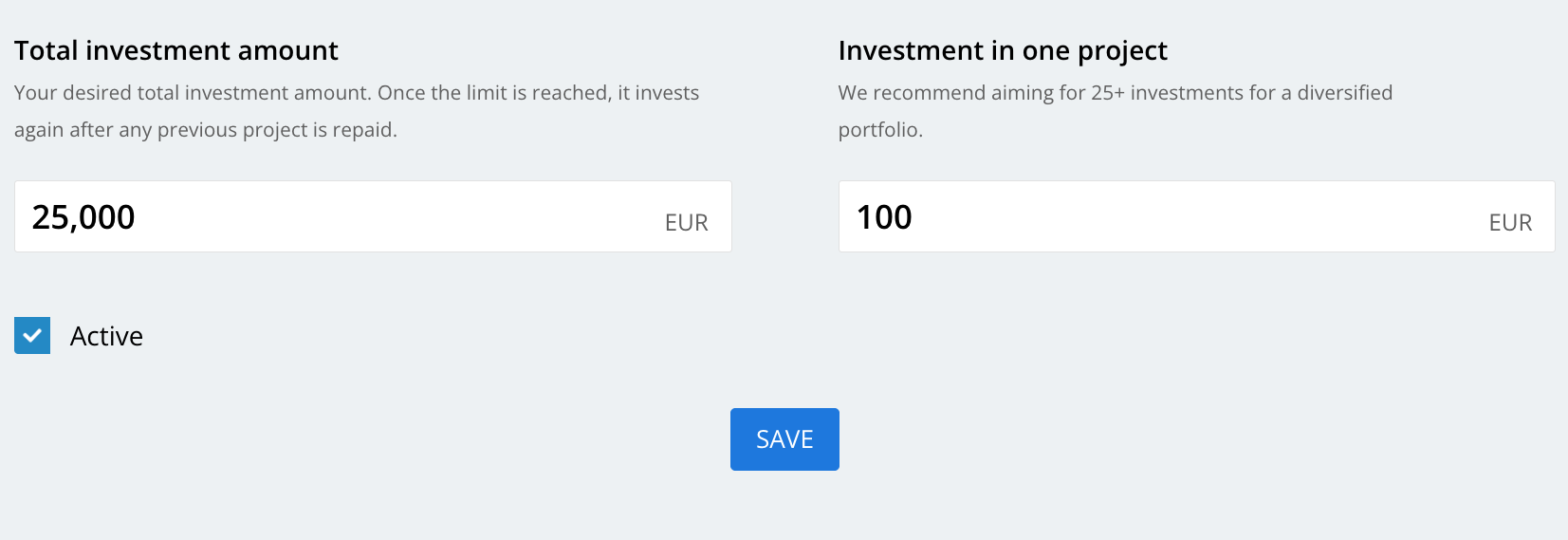 Auto-invest total investment amount, investment in one project, Active checkbox and Save button