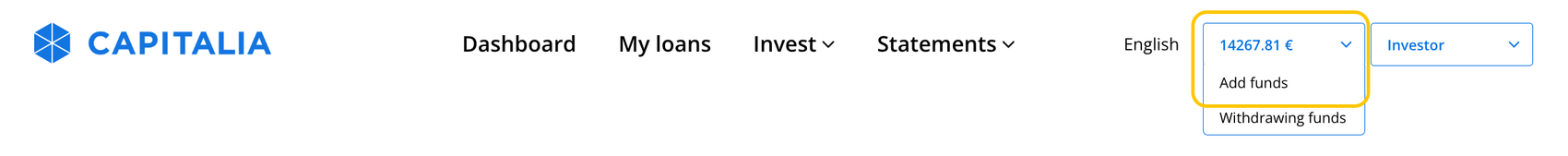 Investment Wallet balance menu with Add funds and Withdrawing funds