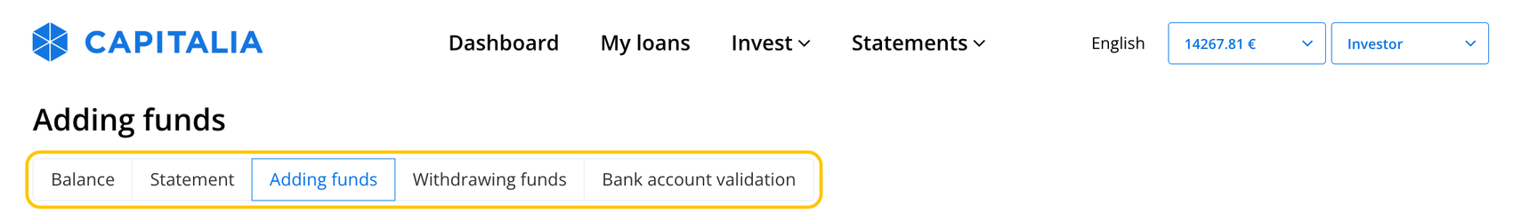 Investment Wallet sub-pages: Balance, Statement, Adding funds, Withdrawing funds and Bank account validation